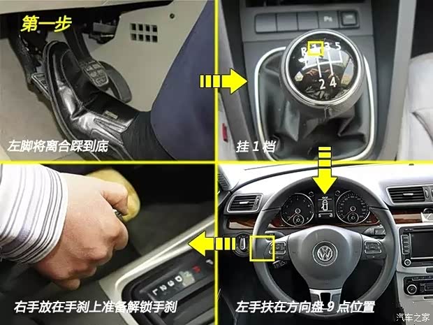 方法一 在车停稳后,拉紧手刹并挂入1档.